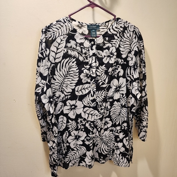 LAUREN Ralph Lauren black and white tropical print relaxed fit blouse size XL - Picture 4 of 9